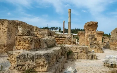 Explore the ancient ruins of Carthage, capturing historic structures and weathered stones under a bright sky.